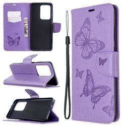 Embossing Double Butterfly Leather Wallet Case for Samsung Galaxy S20 Ultra / S11 Plus - Purple