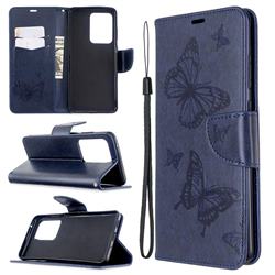 Embossing Double Butterfly Leather Wallet Case for Samsung Galaxy S20 Ultra / S11 Plus - Dark Blue