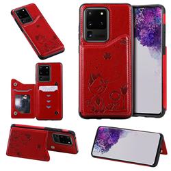 Luxury Bee and Cat Multifunction Magnetic Card Slots Stand Leather Back Cover for Samsung Galaxy S20 Ultra / S11 Plus - Red