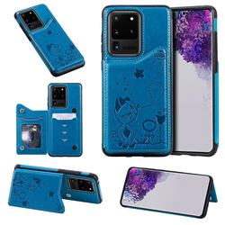 Luxury Bee and Cat Multifunction Magnetic Card Slots Stand Leather Back Cover for Samsung Galaxy S20 Ultra / S11 Plus - Blue