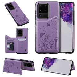 Luxury Bee and Cat Multifunction Magnetic Card Slots Stand Leather Back Cover for Samsung Galaxy S20 Ultra / S11 Plus - Purple