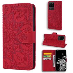 Retro Embossing Mandala Flower Leather Wallet Case for Samsung Galaxy S20 Ultra / S11 Plus - Red