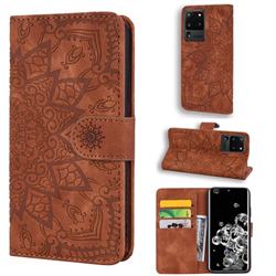 Retro Embossing Mandala Flower Leather Wallet Case for Samsung Galaxy S20 Ultra / S11 Plus - Brown