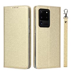 Ultra Slim Magnetic Automatic Suction Silk Lanyard Leather Flip Cover for Samsung Galaxy S20 Ultra / S11 Plus - Golden