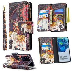 Totem Flower Elephant Binfen Color BF03 Retro Zipper Leather Wallet Phone Case for Samsung Galaxy S20 Ultra / S11 Plus
