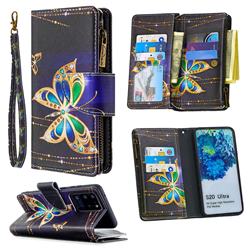 Golden Shining Butterfly Binfen Color BF03 Retro Zipper Leather Wallet Phone Case for Samsung Galaxy S20 Ultra / S11 Plus