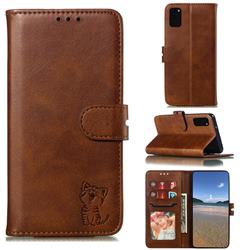 Embossing Happy Cat Leather Wallet Case for Samsung Galaxy S20 Ultra - Brown