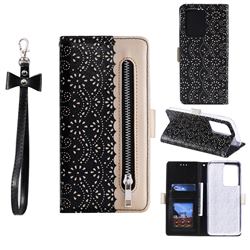 Luxury Lace Zipper Stitching Leather Phone Wallet Case for Samsung Galaxy S20 Ultra - Black
