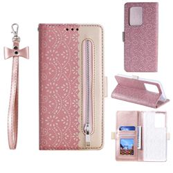 Luxury Lace Zipper Stitching Leather Phone Wallet Case for Samsung Galaxy S20 Ultra - Pink