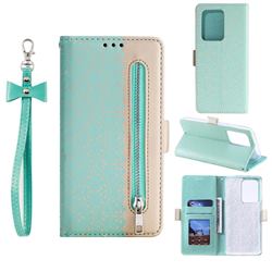 Luxury Lace Zipper Stitching Leather Phone Wallet Case for Samsung Galaxy S20 Ultra - Green