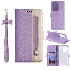 Luxury Lace Zipper Stitching Leather Phone Wallet Case for Samsung Galaxy S20 Ultra - Purple