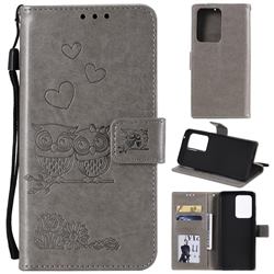 Embossing Owl Couple Flower Leather Wallet Case for Samsung Galaxy S20 Ultra - Gray