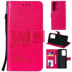 Embossing Owl Couple Flower Leather Wallet Case for Samsung Galaxy S20 Ultra - Red