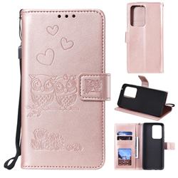 Embossing Owl Couple Flower Leather Wallet Case for Samsung Galaxy S20 Ultra - Rose Gold