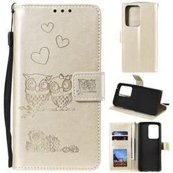Embossing Owl Couple Flower Leather Wallet Case for Samsung Galaxy S20 Ultra - Golden