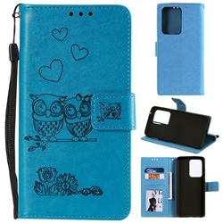 Embossing Owl Couple Flower Leather Wallet Case for Samsung Galaxy S20 Ultra - Blue