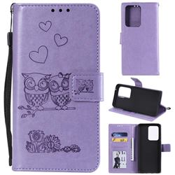 Embossing Owl Couple Flower Leather Wallet Case for Samsung Galaxy S20 Ultra - Purple