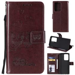 Embossing Owl Couple Flower Leather Wallet Case for Samsung Galaxy S20 Ultra - Brown