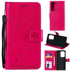 Embossing Cherry Blossom Cat Leather Wallet Case for Samsung Galaxy S20 Ultra - Rose