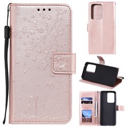 Embossing Cherry Blossom Cat Leather Wallet Case for Samsung Galaxy S20 Ultra - Rose Gold