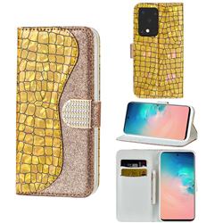 Glitter Diamond Buckle Laser Stitching Leather Wallet Phone Case for Samsung Galaxy S20 Ultra - Gold