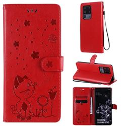 Embossing Bee and Cat Leather Wallet Case for Samsung Galaxy S20 Ultra - Red