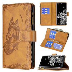 Binfen Color Imprint Vivid Butterfly Buckle Zipper Multi-function Leather Phone Wallet for Samsung Galaxy S20 Ultra - Brown