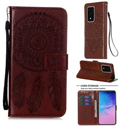 Embossing Dream Catcher Mandala Flower Leather Wallet Case for Samsung Galaxy S20 Ultra - Brown