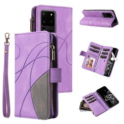 Luxury Two-color Stitching Multi-function Zipper Leather Wallet Case Cover for Samsung Galaxy S20 Ultra - Purple
