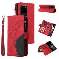 Luxury Two-color Stitching Multi-function Zipper Leather Wallet Case Cover for Samsung Galaxy S20 Ultra - Red
