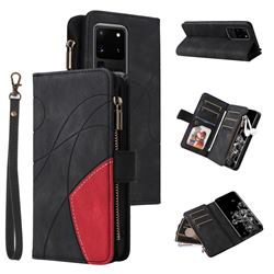 Luxury Two-color Stitching Multi-function Zipper Leather Wallet Case Cover for Samsung Galaxy S20 Ultra - Black