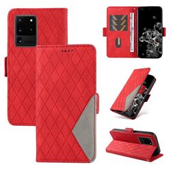 Grid Pattern Splicing Protective Wallet Case Cover for Samsung Galaxy S20 Ultra - Red