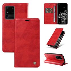 YIKATU Litchi Card Magnetic Automatic Suction Leather Flip Cover for Samsung Galaxy S20 Ultra - Bright Red