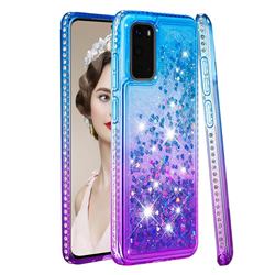 Diamond Frame Liquid Glitter Quicksand Sequins Phone Case for Samsung Galaxy S20 - Blue Purple