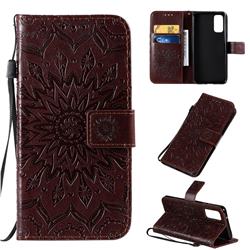 Embossing Sunflower Leather Wallet Case for Samsung Galaxy S20 / S11e - Brown