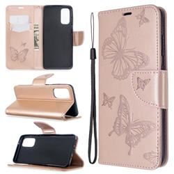 Embossing Double Butterfly Leather Wallet Case for Samsung Galaxy S20 / S11e - Rose Gold