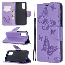 Embossing Double Butterfly Leather Wallet Case for Samsung Galaxy S20 / S11e - Purple