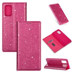 Ultra Slim Glitter Powder Magnetic Automatic Suction Leather Wallet Case for Samsung Galaxy S20 / S11e - Rose Red