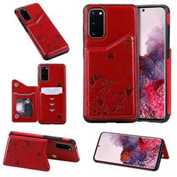 Luxury Bee and Cat Multifunction Magnetic Card Slots Stand Leather Back Cover for Samsung Galaxy S20 / S11e - Red