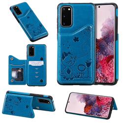 Luxury Bee and Cat Multifunction Magnetic Card Slots Stand Leather Back Cover for Samsung Galaxy S20 / S11e - Blue