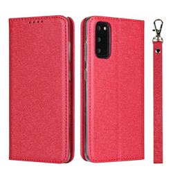 Ultra Slim Magnetic Automatic Suction Silk Lanyard Leather Flip Cover for Samsung Galaxy S20 / S11e - Red