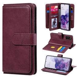 Multi-function Ten Card Slots and Photo Frame PU Leather Wallet Phone Case Cover for Samsung Galaxy S20 / S11e - Claret