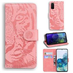 Intricate Embossing Tiger Face Leather Wallet Case for Samsung Galaxy S20 / S11e - Pink