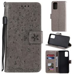Embossing Cherry Blossom Cat Leather Wallet Case for Samsung Galaxy S20 - Gray