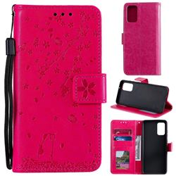 Embossing Cherry Blossom Cat Leather Wallet Case for Samsung Galaxy S20 - Rose