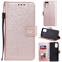 Embossing Cherry Blossom Cat Leather Wallet Case for Samsung Galaxy S20 - Rose Gold