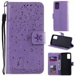 Embossing Cherry Blossom Cat Leather Wallet Case for Samsung Galaxy S20 - Purple