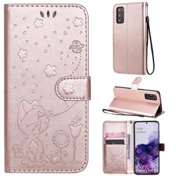 Embossing Bee and Cat Leather Wallet Case for Samsung Galaxy S20 - Rose Gold