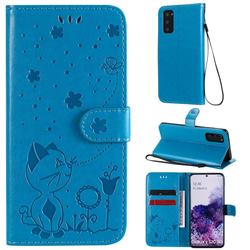 Embossing Bee and Cat Leather Wallet Case for Samsung Galaxy S20 - Blue