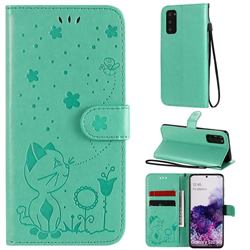 Embossing Bee and Cat Leather Wallet Case for Samsung Galaxy S20 - Green